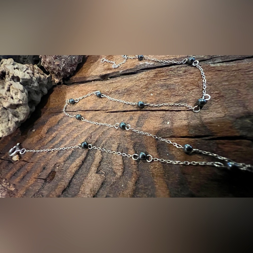 Artisan Sterling Silver Hematite Necklace Stations Dainty Minimalist Chain 15.5”